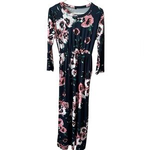 Women’s Medium Navy Blue Spring Floral Maxi w/ Pockets and 1/4 Sleeves Dress